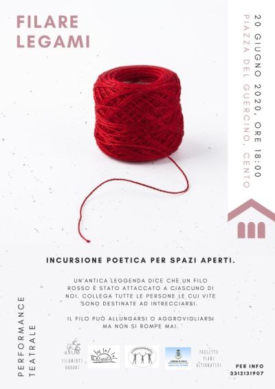 locandina con descrizione evento e gomitolo di lana rossa con filo