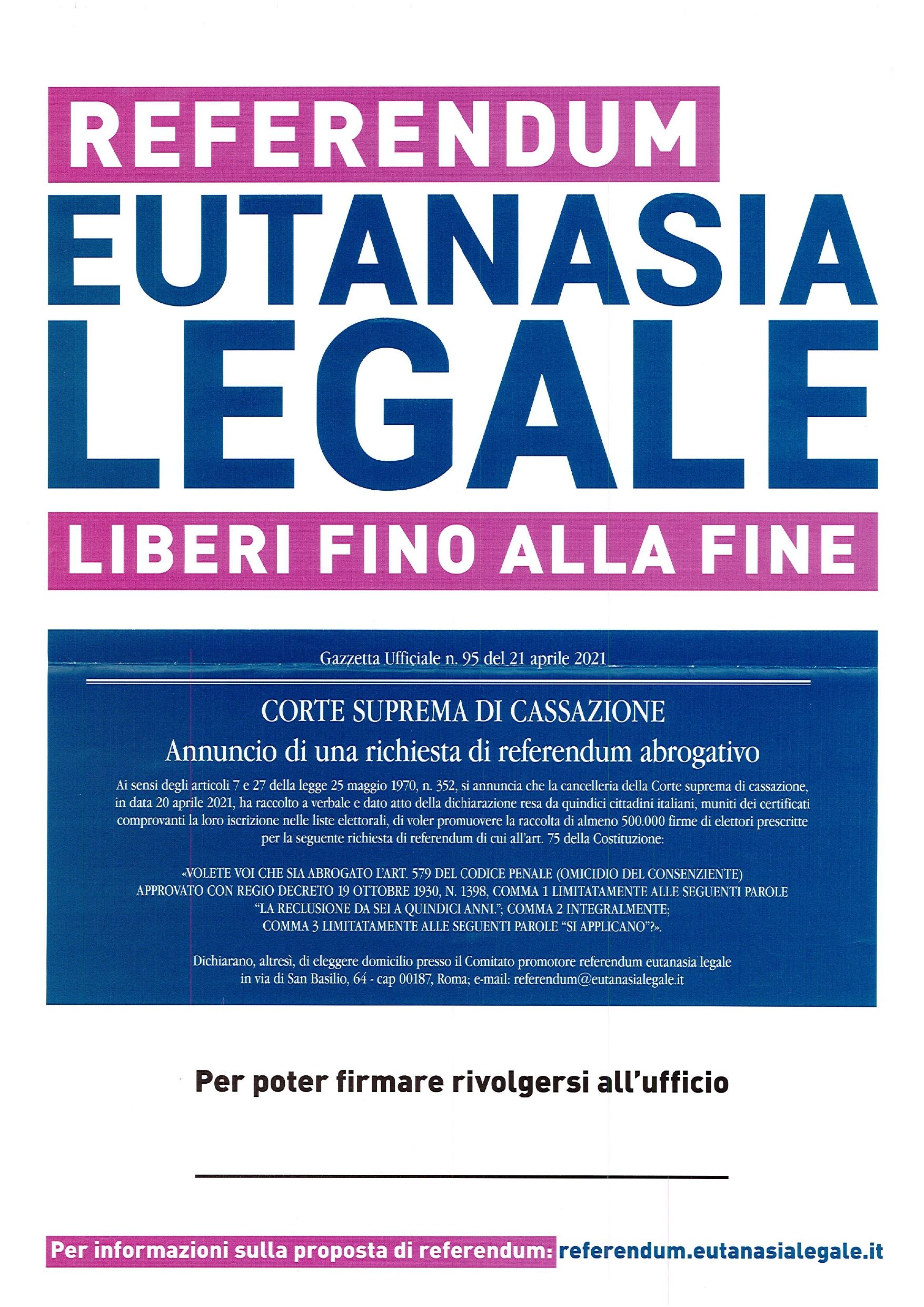locandina raccolta firme referendum Eutanasia legale