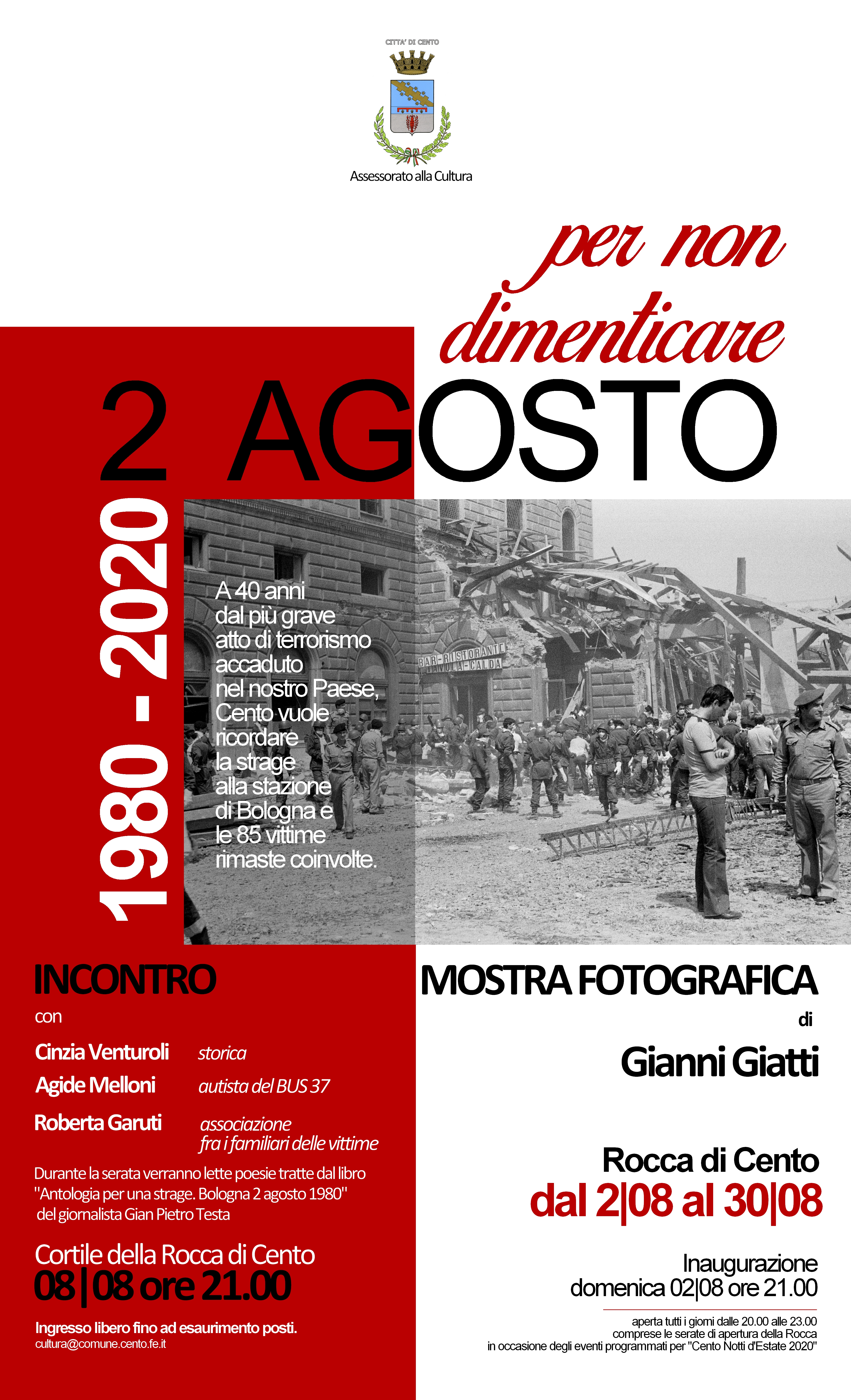 locandina della mostra del 2 agosto con fotografia stazione dopo la bomba e descrizione evento e orari