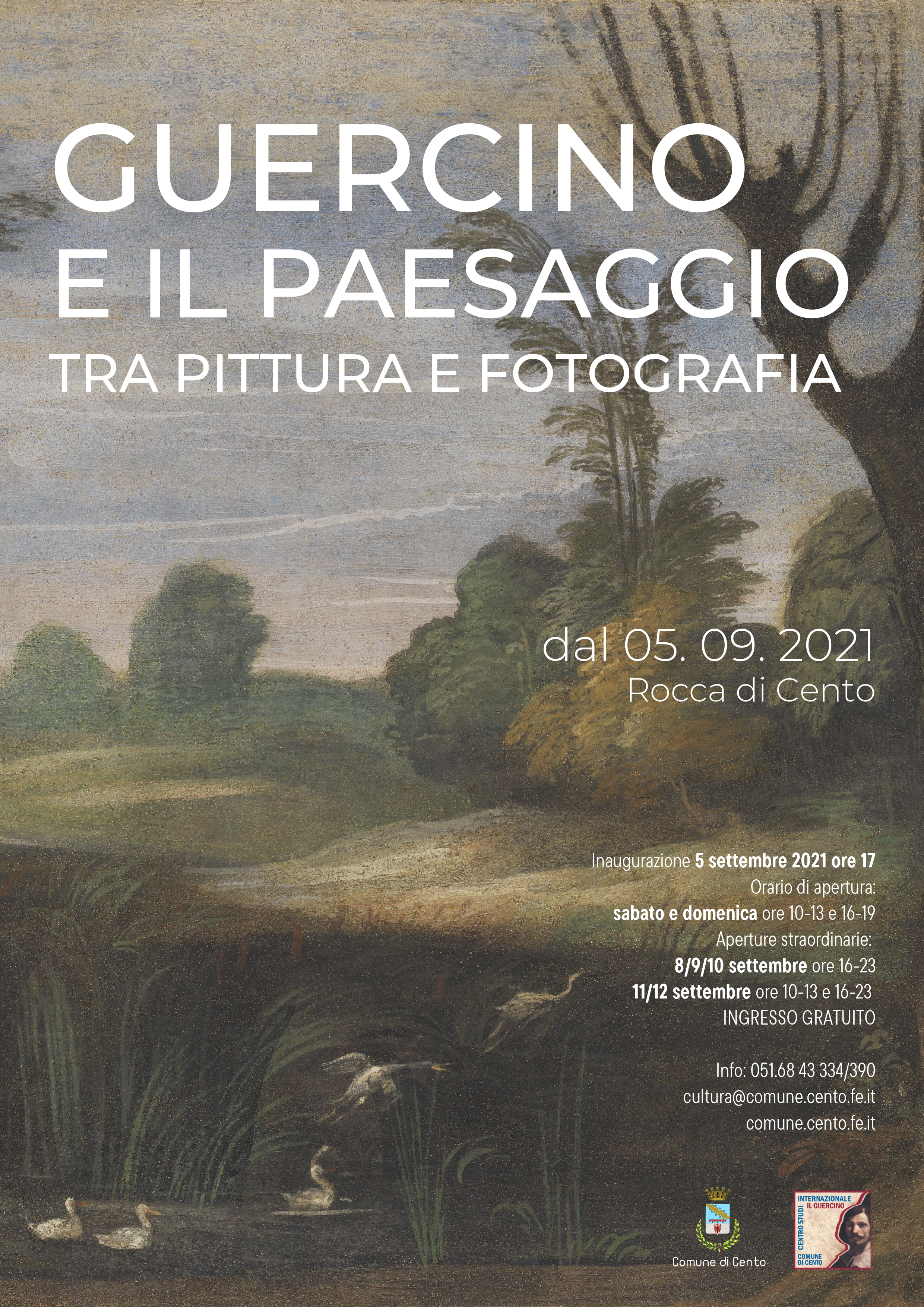locandina  informazioni sulla mostra con particolare paesaggio quadro del Guercino