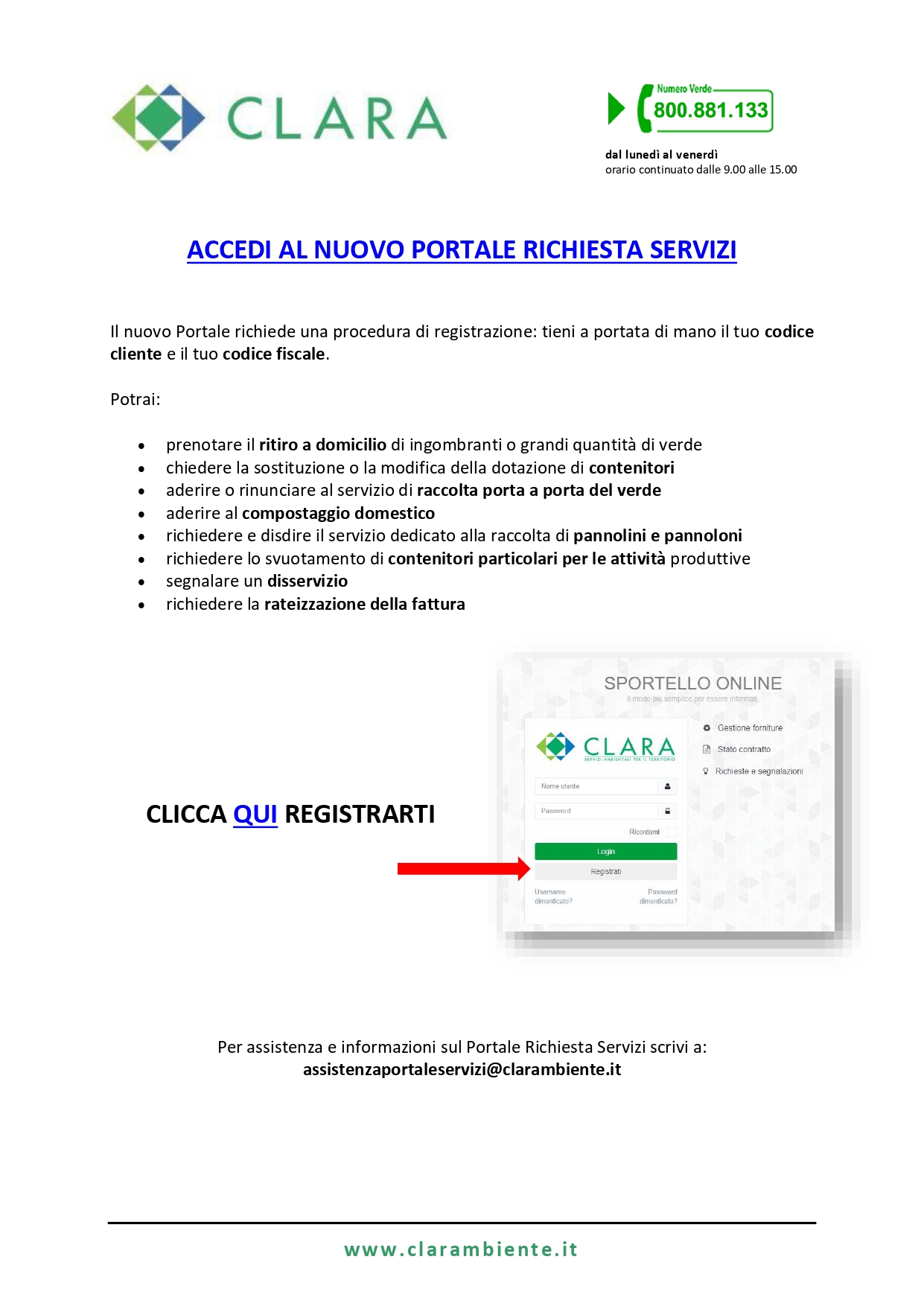 screenshot registrazione al portale di Clara servizi online