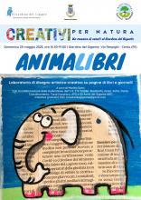 locandina informativa Animalibri con disegno elefante creato con carta da giornale
