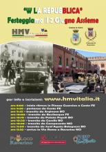 locandina informativa del programma con due fotografie una storica e l'altra recente della piazza Guercino con mezzi militari