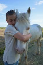 bambino che abbraccia il muso di un cavallino bianco