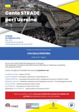 locandina informativa della serata con fotografia di Emilio Morenatti immagine di guerra città ucraina rifugio sfollati sotto un ponte in parte distrutto 
