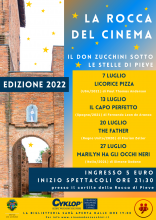 locandina programma con sfondo azzurro e stelline e fotografia Rocca di Pieve