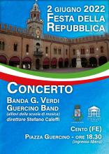 locandina concerto con piazza Guercino illuminata e nastro tricolore