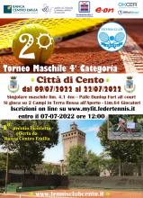 locandina torneo tennis maschile Città di Cento con informazioni e fotografia campi tennis e sfondo Rocca di Cento
