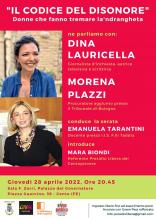 locandina con nomi delle relatrici conferenza e fotografie di Dina Lauricella e Morena Plazzi