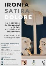 locandina informativa con fotografia scultura maschera di Bonzagni di Wildt Ironia Satira e Dolore