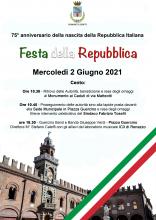 locandina celebrazioni 2 giugno e fotografia della piazza Guercino con la fascia tricolore nel mezzo