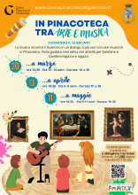 locandina informativa con immagini quadri del Guercino in Pinacoteca e disegno ragazzo che suona la chitarra con un giovane pubblico