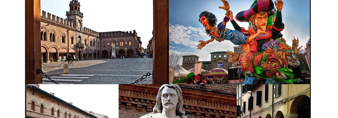 composizione fotografie piazza Guercino, portici via Donati, carro di Carnevale e statua Guercino
