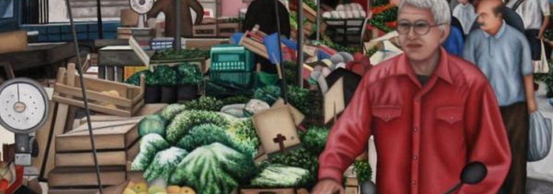 dipinto del mercato con banchetti generi alimentari