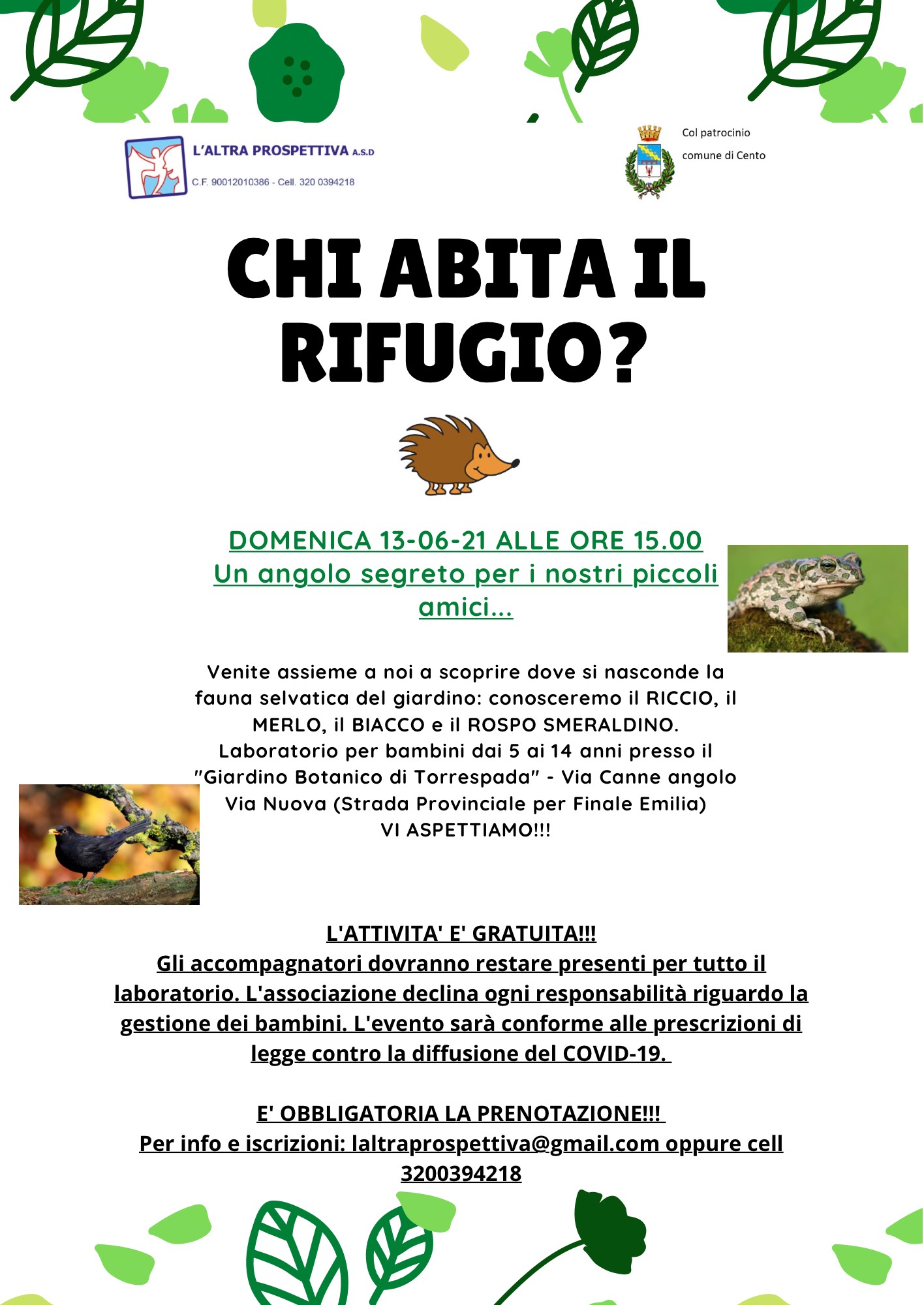 locandina dell'iniziativa con informazioni e fotografie del riccio e del rospo smeraldino